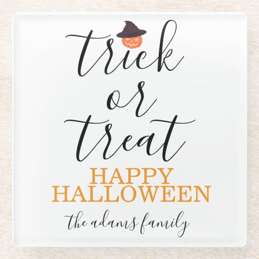 Trick or treat Modern Script Halloween Glazen Onderzetter (Voorkant)