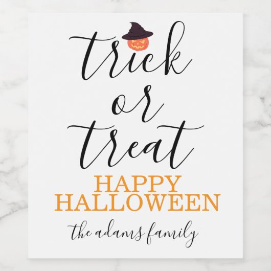 Trick or treat Modern Script Halloween Wijn Etiket (Enkel label)
