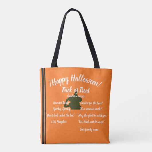 trick or treat, naam, Halloween, sinaasappel geper Tote Bag (Achterkant)