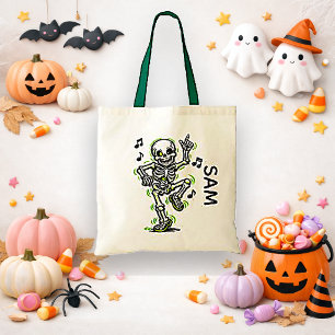 Trick or Treat Neon Groen Dansend Skelet Kunst Tote Bag