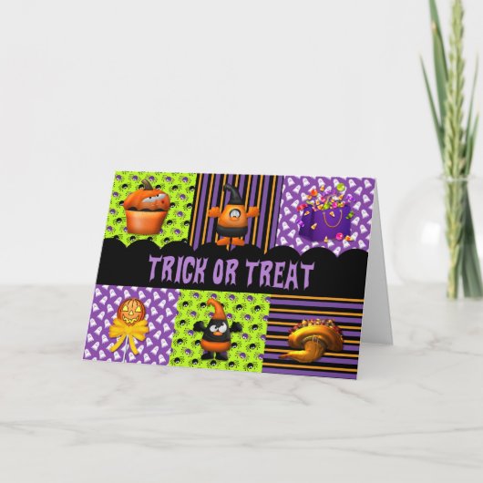 Trick or treat Oranje en Paars Halloween Kaart (Voorkant)