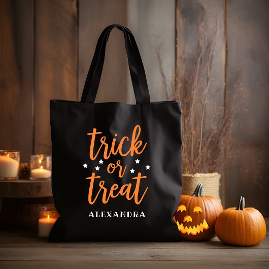 Trick or treat Oranje Modern Script Halloween Tote Bag