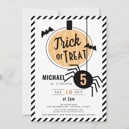 Trick or treat Oranje Pompoen Halloween Verjaardag Kaart (Voorkant)