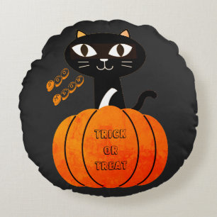 Trick or treat Oranje Zwarte Kat Spooky Halloween Rond Kussen