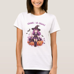 Trick or Treat Paarse Heks Pompoenen & Vleermuizen T-shirt