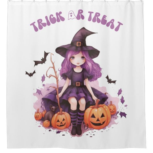Trick or treat Paarse Heksenpompoenen & Vleermuize Douchegordijn (Voorkant)