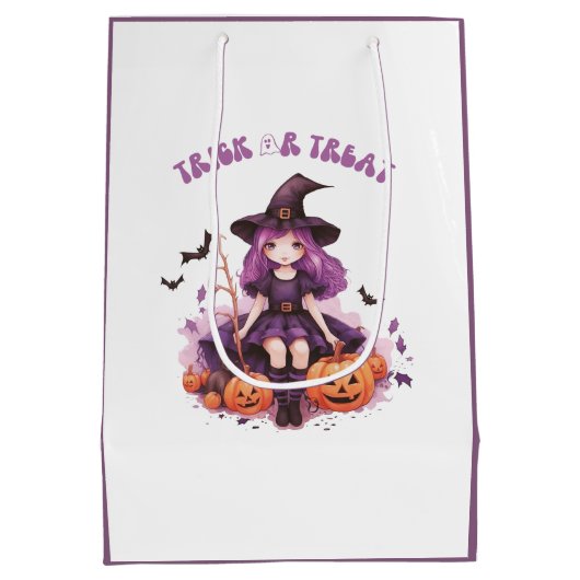 Trick or treat Paarse Heksenpompoenen & Vleermuize Medium Cadeauzakje (Achterkant)
