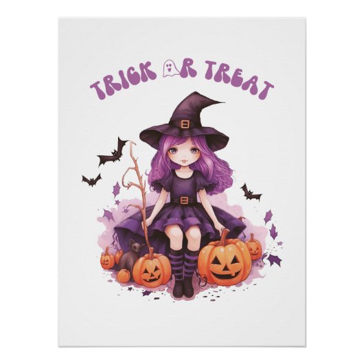 Trick or treat Paarse Heksenpompoenen & Vleermuize Perfect Poster (Voorkant)