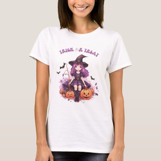Trick or treat Paarse Heksenpompoenen & Vleermuize T-shirt (Voorkant)