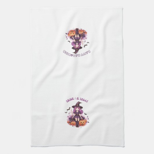 Trick or treat Paarse Heksenpompoenen & Vleermuize Theedoek (Verticaal)