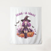 Trick or treat Paarse Heksenpompoenen & Vleermuize Wandkleed (Voorkant)