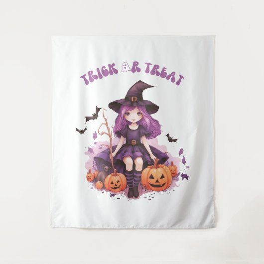 Trick or treat Paarse Heksenpompoenen & Vleermuize Wandkleed (Voorkant)