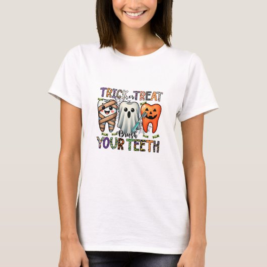 Trick or treat poets je tanden tandarts t-shirt (Voorkant)