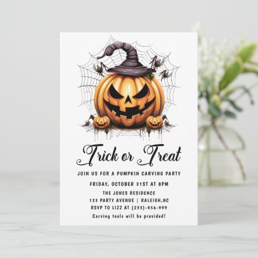 Trick or treat Pompoen Carving Halloween Party Kaart (Staand voorkant)