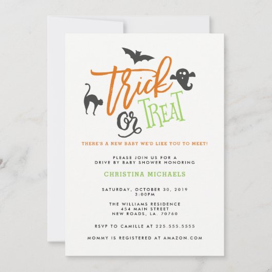 Trick or treat rijden door baby shower uitnodiging (Voorkant)