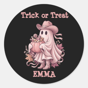 Trick or Treat Roze Cowboy Geest Ronde Sticker