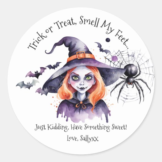 Trick or treat, ruik mijn voeten... grapje, heb ronde sticker (Voorkant)