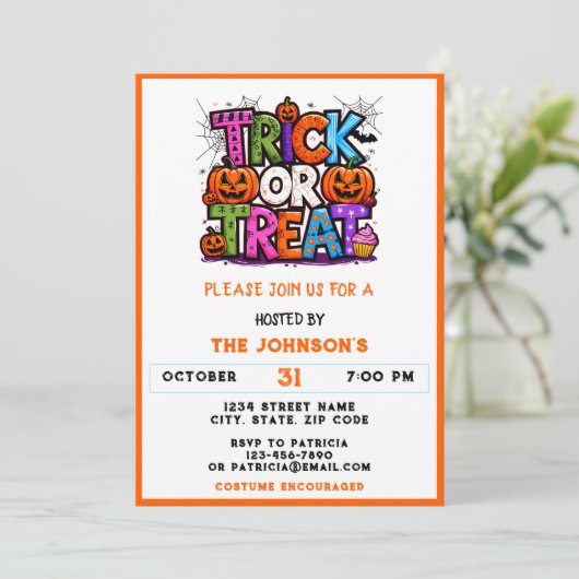 TRICK OR TREAT | Schattigee Halloween Bash Party Kaart (Staand voorkant)