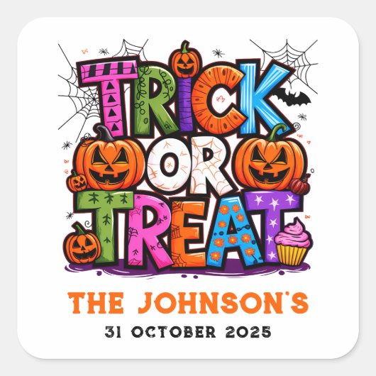 TRICK OR TREAT | Schattigee Halloween Bash Party Vierkante Sticker (Voorkant)