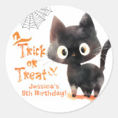 Trick or treat Schattigee zwarte kat Halloween fee Ronde Sticker (Voorkant)