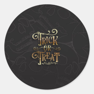 Trick or Treat Schedels Zwart & Goud Halloween Fee Ronde Sticker
