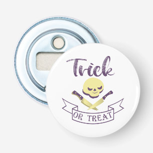 Trick or treat skull crossbones Halloween ribbon T Button Flesopener