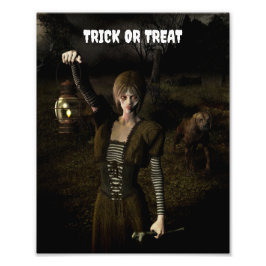 Trick or Treat. Thin female carrying lamp Foto Afdruk