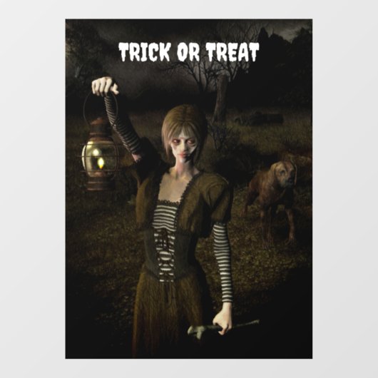 Trick or Treat. Thin female carrying lamp Raamsticker (Vel)