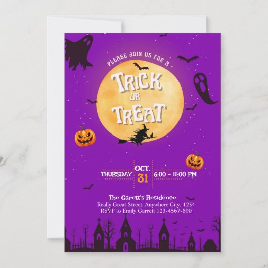 Trick or treat Uitnodiging Paarse Halloween Party (Voorkant)