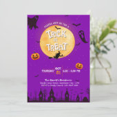 Trick or treat Uitnodiging Paarse Halloween Party (Staand voorkant)