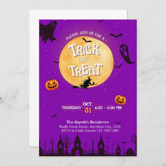 Trick or treat Uitnodiging Paarse Halloween Party (Voorkant / Achterkant)