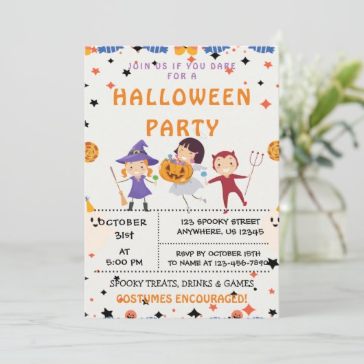 Trick or treat, uitnodiging van de Halloween-parti (Staand voorkant)