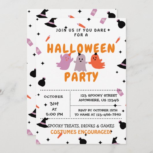 Trick or treat, uitnodiging van de Halloween-parti (Voorkant / Achterkant)