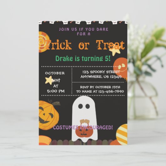 Trick or treat, uitnodiging van Halloween Birthday (Staand voorkant)