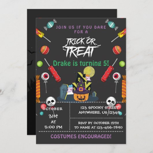 Trick or treat, uitnodiging van Halloween Birthday (Voorkant / Achterkant)