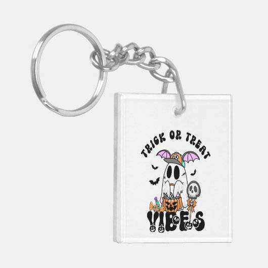 Trick or treat Vibes Retro Schattigee Ghost Pumpki Sleutelhanger (Voorkant Links)