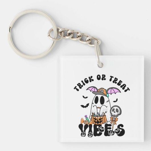 Trick or treat Vibes Retro Schattigee Ghost Pumpki Sleutelhanger (Voorkant)