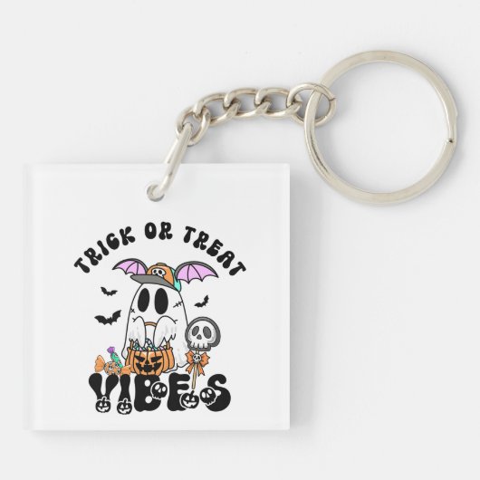 Trick or treat Vibes Retro Schattigee Ghost Pumpki Sleutelhanger (Achterkant)