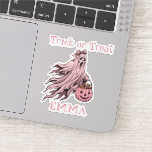 Trick or Treat Vintage Roze Geest Aangepaste Naam Sticker