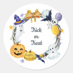 Trick or treat Waterverf Pumpkin & Ghosts Wreath Ronde Sticker