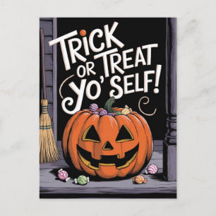 Trick or treat Yo'Self Funny Pumpkin Halloween Briefkaart