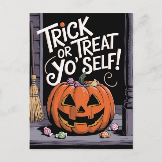 Trick or treat Yo'Self Funny Pumpkin Halloween Briefkaart (Voorkant)