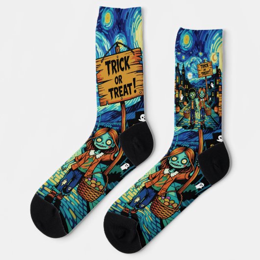 Trick or treat Zombies - Van Gogh Starry Halloween Sokken (Links)