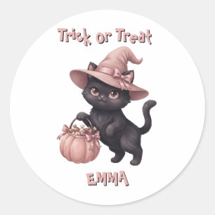 Trick or Treat Zwart Kat & Roze Snoep Emmer Ronde Sticker