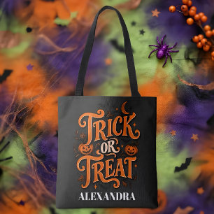 Trick or Treat Zwart Oranje Script Halloween Tote Bag