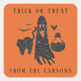 Trick or treat Zwart Sinaasappel Halloween Ghost W Vierkante Sticker