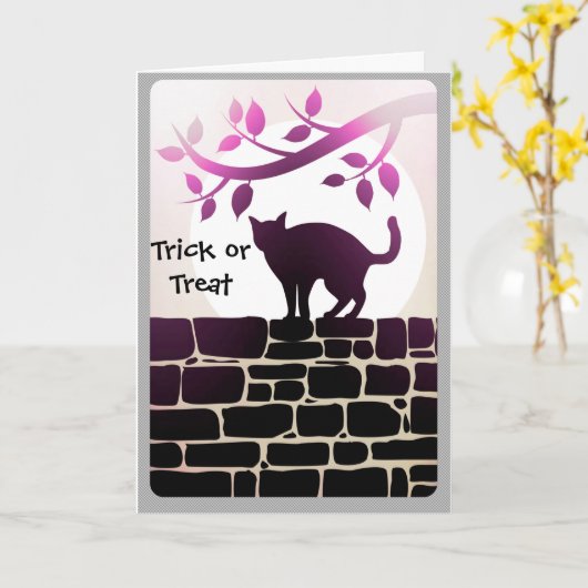 Trick or Treat Zwarte Kat Kaart (Gele Bloem)