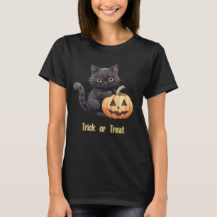 Trick or Treat Zwarte Kat Pompoen Zwarte Halloween T-shirt