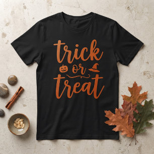 Trick or Treat Zwarte Oranje Script Halloween Bood T-shirt