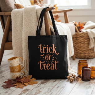 Trick or Treat Zwarte Oranje Script Halloween Bood Tote Bag